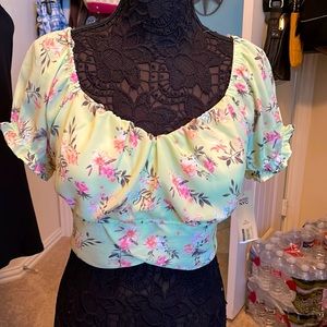 Mint green pink floral top